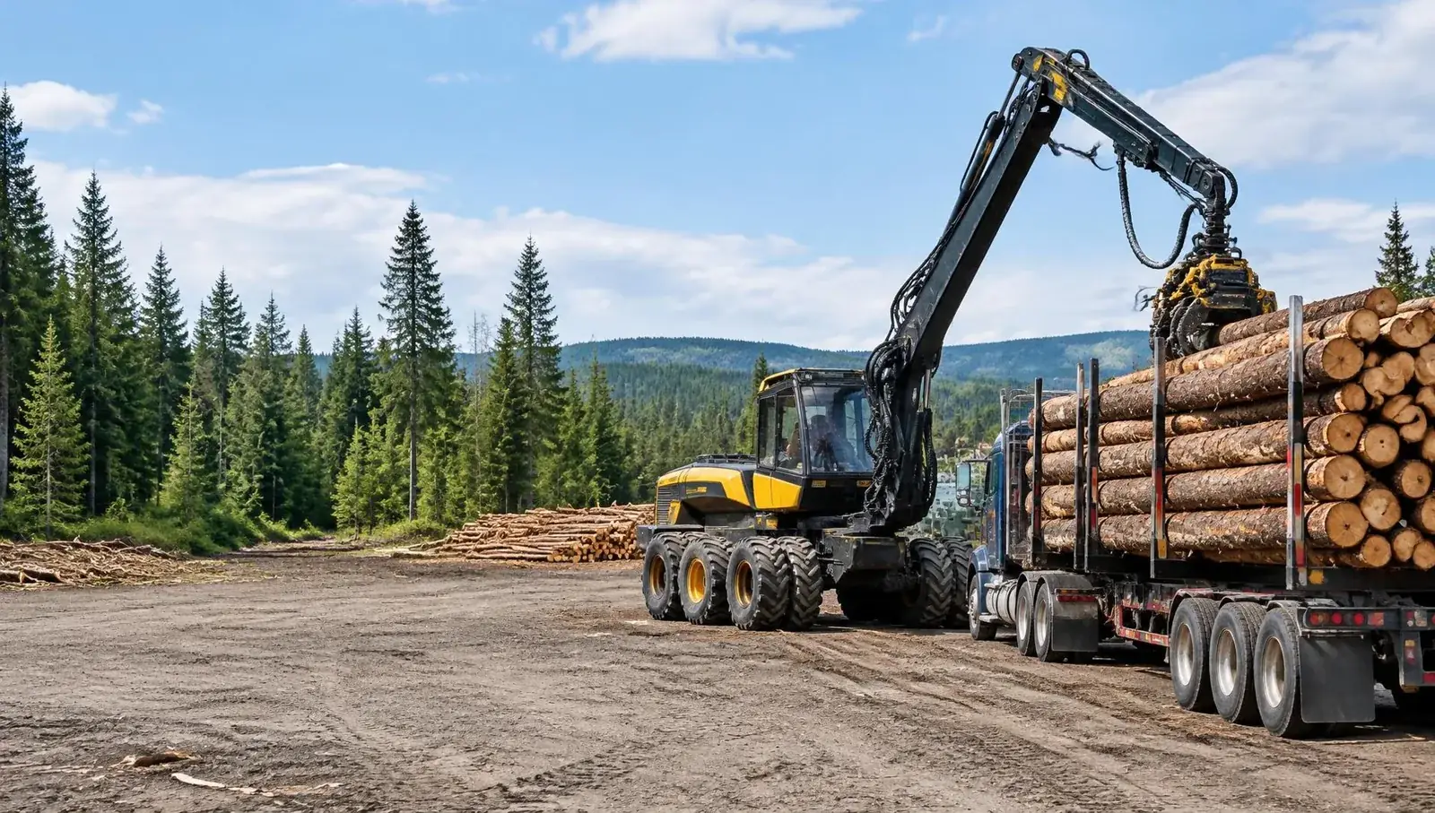 Forestry log truck and harvester